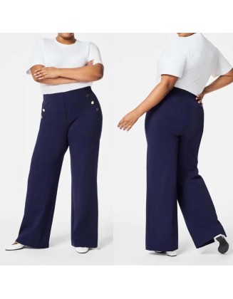 Women's loose large size casual wide-leg straight pants high elastic button nine-minute pants