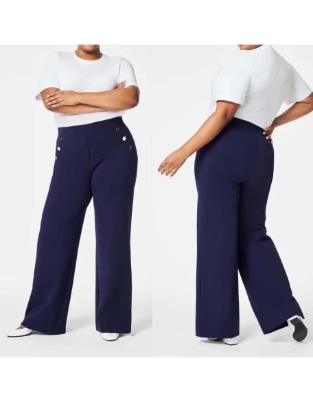 Women's loose large size casual wide-leg straight pants high elastic button nine-minute pants