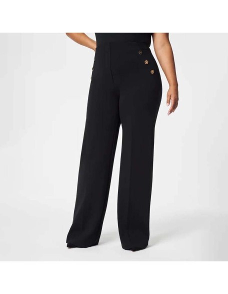 Women's loose large size casual wide-leg straight pants high elastic button nine-minute pants