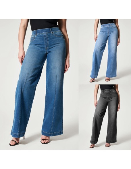 High waisted washed jeans comfortable elastic waist stretch wide leg women