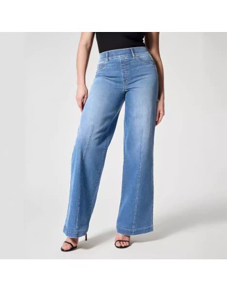 High waisted washed jeans comfortable elastic waist stretch wide leg women