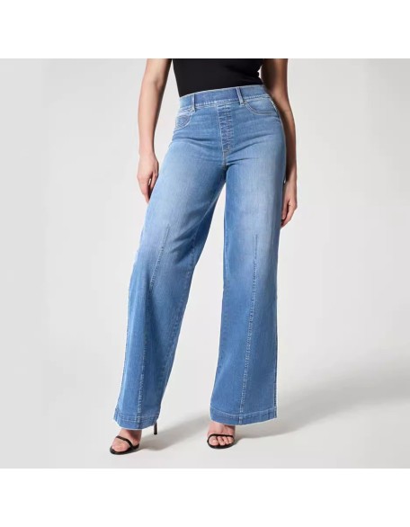 High waisted washed jeans comfortable elastic waist stretch wide leg women