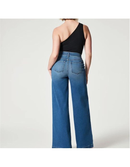 High waisted washed jeans comfortable elastic waist stretch wide leg women