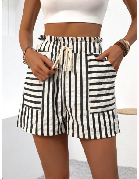 New European Women's Fashion Striped Casual Loose Rubber Belt Shorts