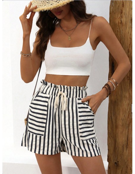 New European Women's Fashion Striped Casual Loose Rubber Belt Shorts