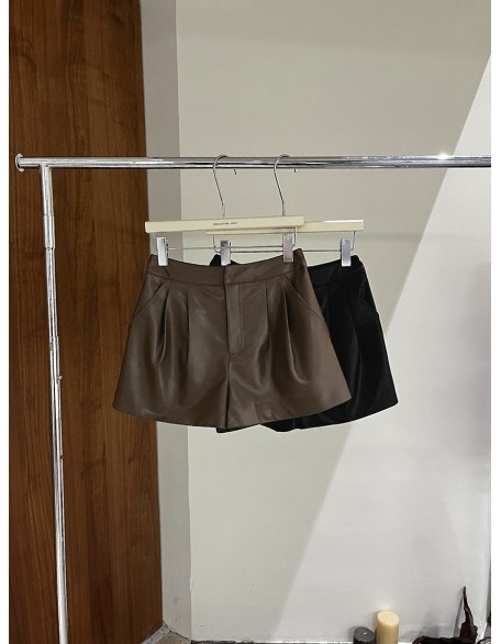 Winter new versatile environmental protection leather A-line wide-leg thin high-waisted pu shorts female