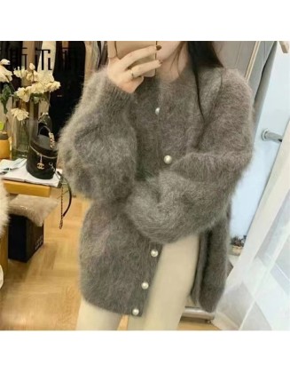 Autumn and winter new gray long imitation mink sweater jacket female loose lazy wind knitted cardigan