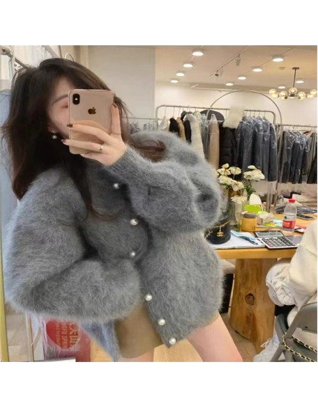 Autumn and winter new gray long imitation mink sweater jacket female loose lazy wind knitted cardigan