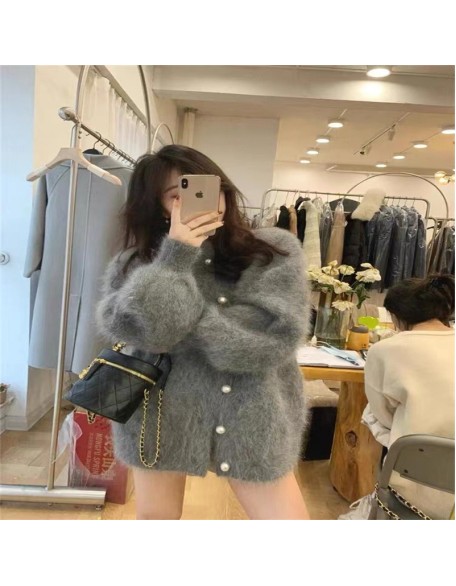 Autumn and winter new gray long imitation mink sweater jacket female loose lazy wind knitted cardigan