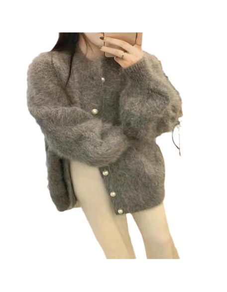 Autumn and winter new gray long imitation mink sweater jacket female loose lazy wind knitted cardigan