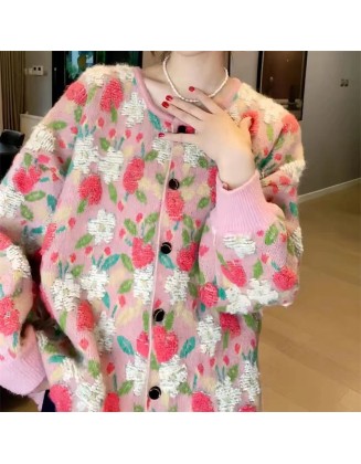 Autumn and winter new Japanese retro lazy wind pink flowers sweater jacket female loose age reduction knitted cardigan