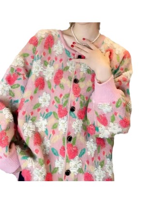 Autumn and winter new Japanese retro lazy wind pink flowers sweater jacket female loose age reduction knitted cardigan