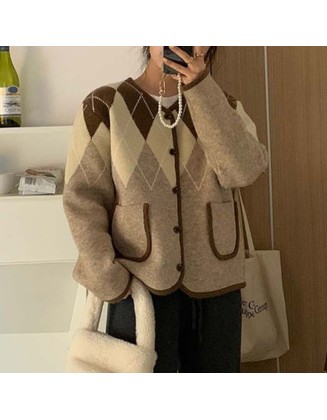 Retro diamond lattice colorblocking knitted cardigan women loose 2024 spring and autumn new lazy wind sweater coat