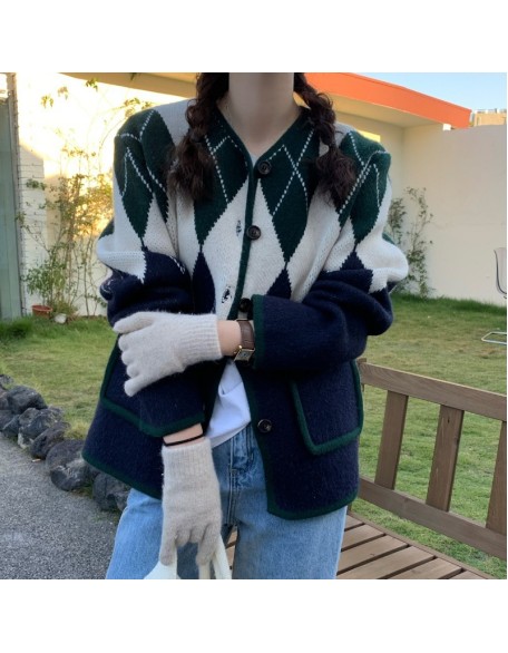 Retro diamond lattice colorblocking knitted cardigan women loose 2024 spring and autumn new lazy wind sweater coat