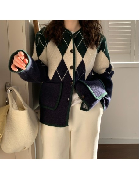 Retro diamond lattice colorblocking knitted cardigan women loose 2024 spring and autumn new lazy wind sweater coat