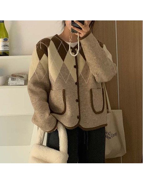 Retro diamond lattice colorblocking knitted cardigan women loose 2024 spring and autumn new lazy wind sweater coat