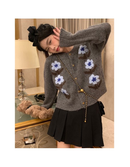 Retro embroidered flowers sweater cardigan women short loose spring and fall lazy ageing soft knitted jacket