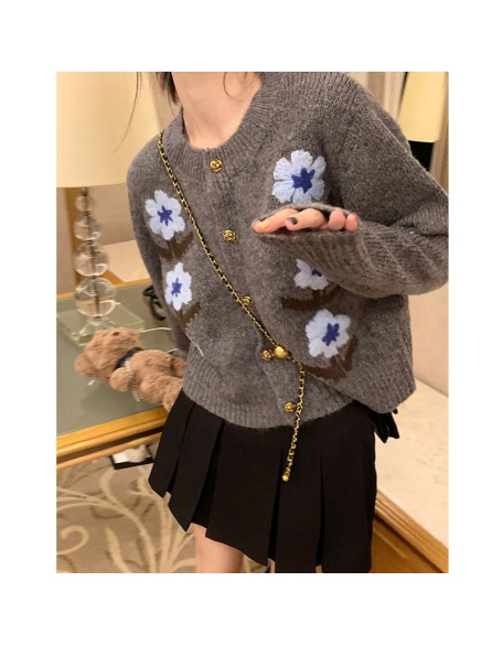 Retro embroidered flowers sweater cardigan women short loose spring and fall lazy ageing soft knitted jacket