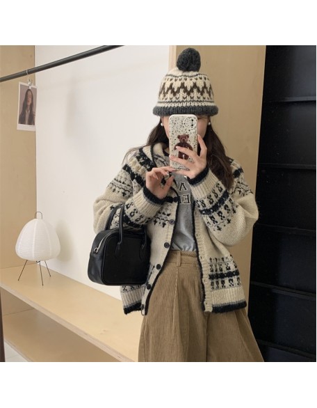 Retro jacquard hooded Fair Isle sweater jacket female fall and winter Korean loose senior sense of thickening knitted cardigan tide