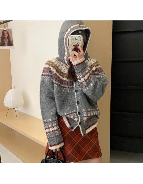 Retro jacquard hooded Fair Isle sweater jacket female fall and winter Korean loose senior sense of thickening knitted cardigan tide