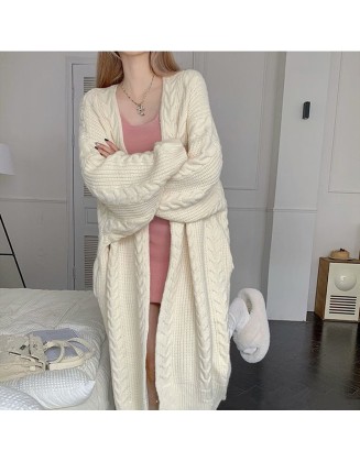 Retro lazy style versatile knitted twist pattern fall and winter loose thick warm long cardigan sweater jacket women's