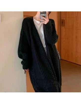 Retro lazy style versatile knitted twist pattern fall and winter loose thick warm long cardigan sweater jacket women's