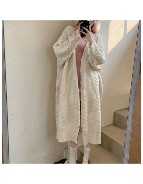 Retro lazy style versatile knitted twist pattern fall and winter loose thick warm long cardigan sweater jacket women's