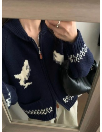 Cartoon dolphin lapel zipper knitted cardigan female fall and winter new loose retro sweater coat tide