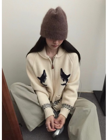 Cartoon dolphin lapel zipper knitted cardigan female fall and winter new loose retro sweater coat tide