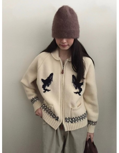 Cartoon dolphin lapel zipper knitted cardigan female fall and winter new loose retro sweater coat tide