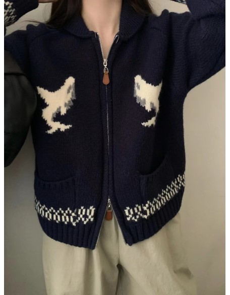 Cartoon dolphin lapel zipper knitted cardigan female fall and winter new loose retro sweater coat tide