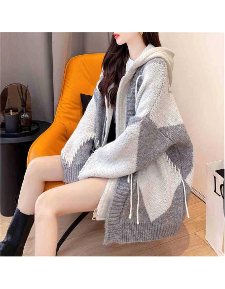 Fake two-piece sweater cardigan female loose lazy wind thickened knitted jacket fall and winter 2024 new