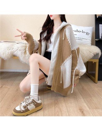 Fake two-piece sweater cardigan female loose lazy wind thickened knitted jacket fall and winter 2024 new