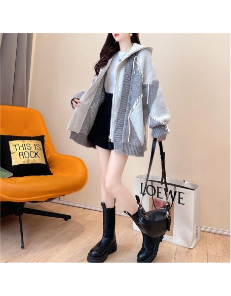 Fake two-piece sweater cardigan female loose lazy wind thickened knitted jacket fall and winter 2024 new