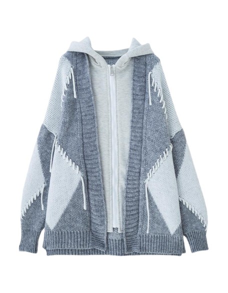 Fake two-piece sweater cardigan female loose lazy wind thickened knitted jacket fall and winter 2024 new