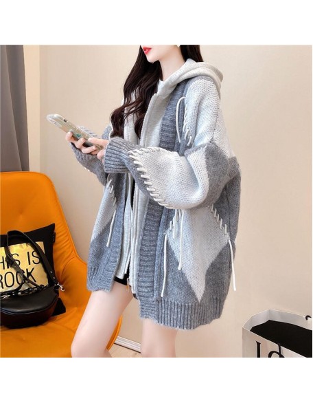 Fake two-piece sweater cardigan female loose lazy wind thickened knitted jacket fall and winter 2024 new