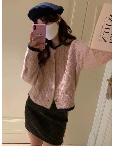 Rose buckle gentle wind soft sticky sweater coat female cardigan fall and winter new small size knit sweater outer wear tide