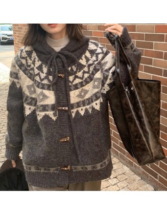 Retro Fair Isle hooded sweater women fall and winter new loose lazy wind ox horn button knitted cardigan thick