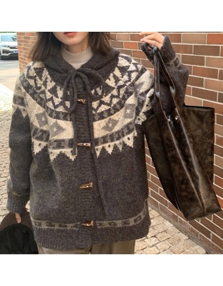 Retro Fair Isle hooded sweater women fall and winter new loose lazy wind ox horn button knitted cardigan thick