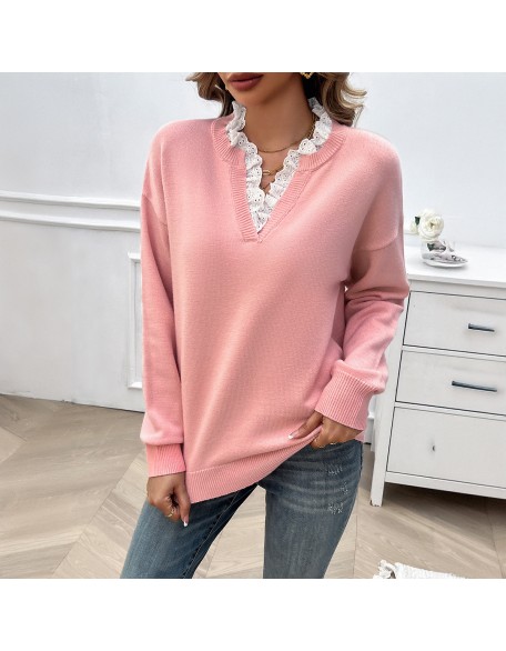 Autumn and winter women's temperament loose lace v-neck top sweater