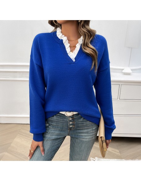 Autumn and winter women's temperament loose lace v-neck top sweater