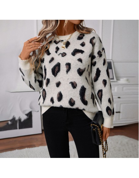 Women's knitwear fall and winter new European loose round neck pull wool leopard jacquard pullover sweater women