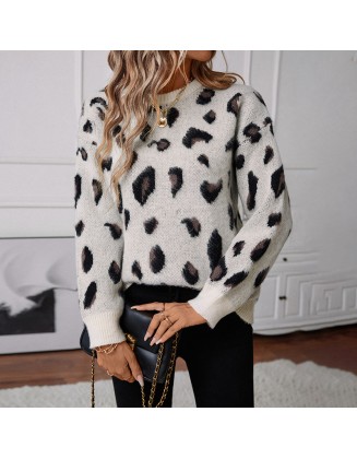 Women's knitwear fall and winter new European loose round neck pull wool leopard jacquard pullover sweater women