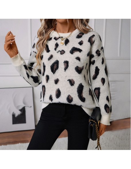 Women's knitwear fall and winter new European loose round neck pull wool leopard jacquard pullover sweater women