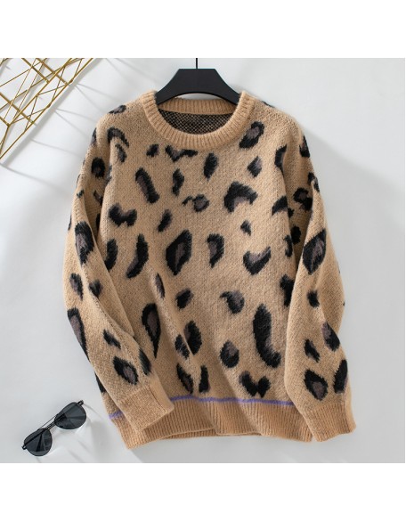 Women's knitwear fall and winter new European loose round neck pull wool leopard jacquard pullover sweater women