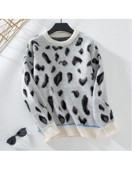 Women's knitwear fall and winter new European loose round neck pull wool leopard jacquard pullover sweater women