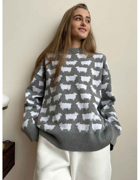 Round neck alpaca printed sweater fall and winter new women loose casual round neck sweater pullover sweater