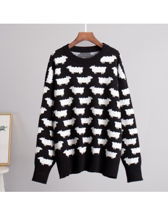 Round neck alpaca printed sweater fall and winter new women loose casual round neck sweater pullover sweater