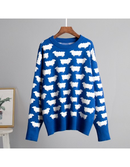 Round neck alpaca printed sweater fall and winter new women loose casual round neck sweater pullover sweater