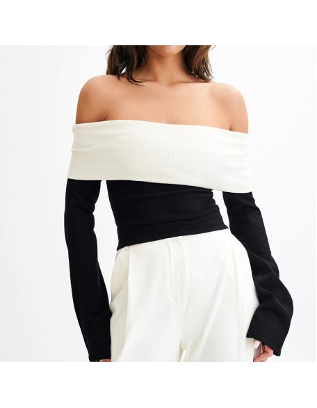 New knitted tops women's one-shoulder design sense temperament strapless Slim sweater women